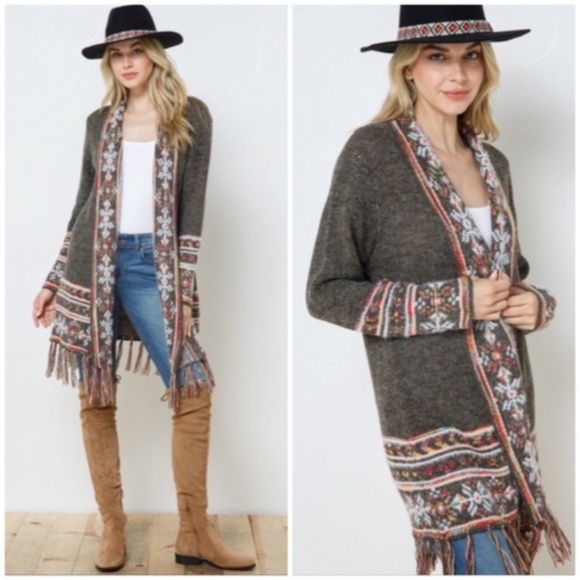 Sweaters - Moss Olive Snowflake Marled Native Western Aztec Open Knit Cardigan Sweater